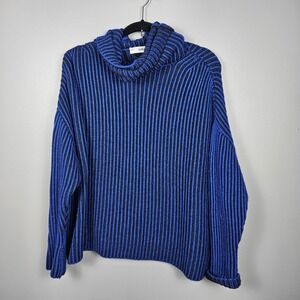 Zara Women L Sweater Cowl Neck Wool Blend Oversized Ribbed Cobalt Blue Black